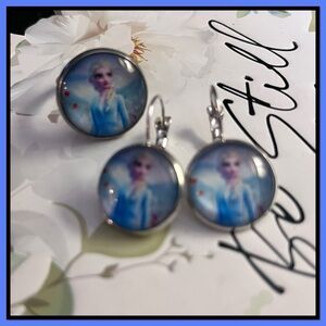 Frozen Elsa Blue Character Glass Cabochon Earrings and Ring Set